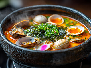 A warming Japanese miso seafood soup with clams and seaweed.