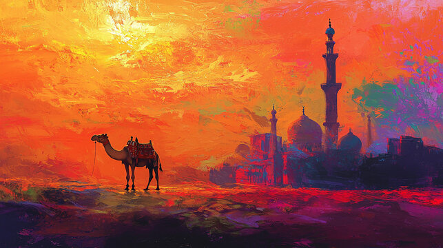 Majestic Camel Silhouette at Sunset with Grand Mosque, Vibrant Oil Painting Artwork
