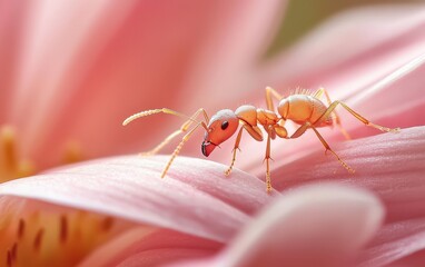 Detailed View Of A Tiny Ant Walking On A Petal