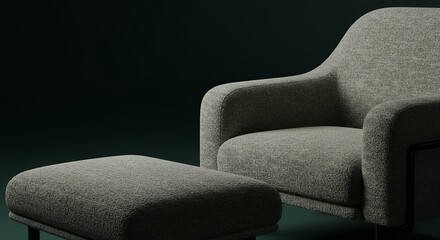 Cozy Modern Armchair with Ottoman in Neutral Gray on Dark Background