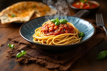 Fototapeta premium . A steaming plate of spaghetti with tomato sauce and fresh basil on a rustic dining table.