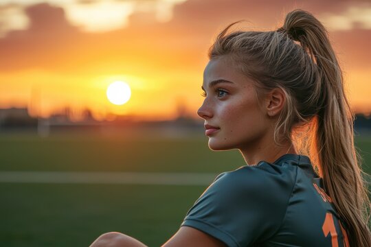 female soccer player in moment of reflection during sunset, showcasing determination and tranquility. vibrant colors of sky enhance emotional atmosphere - Powered by Adobe
