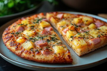Delicious Hawaiian Pizza Slices: Ham and pineapple on a plate ready to eat A tasty treat with a controversial topping combination