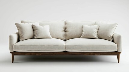 Fototapeta premium Elegant Beige Sofa With Wooden Base And Cushions