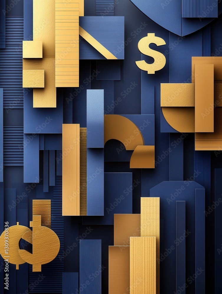 Poster sophisticated geometric paper art background symbolizing financial growth with golden and deep blue 