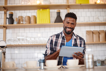 Fototapeta premium Business owner, man and portrait with tablet in cafe for inventory management, online order and stock checklist. Hospitality industry, black person and digital app for menu planning or website review