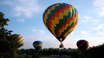 Obraz premium Colorful hot air balloons soar over tranquil landscape