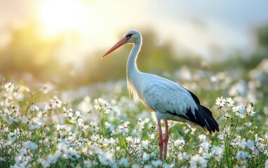 Fototapeta premium Gentle Stork Standing In A Blooming Meadow
