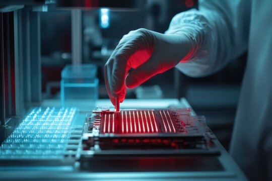 Hand with Glove Working on Microarray Analysis in Laboratory Setting