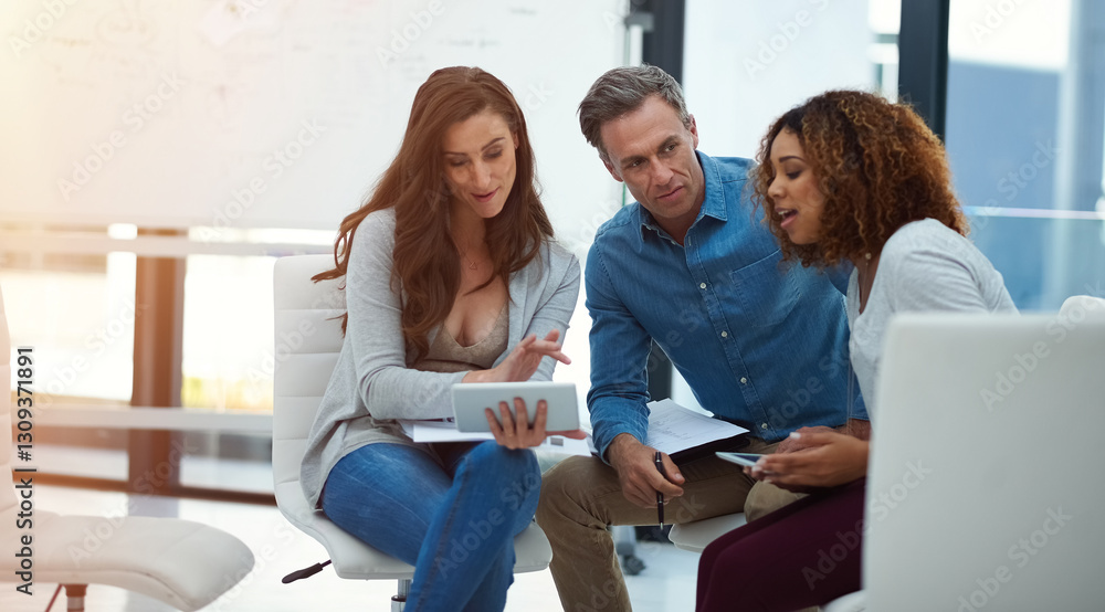 Poster Creative, discussion and people meeting with tablet for brainstorming or project planning in office. Employee, group and web design with ideas or technology for app, ui or ux development in workplace