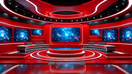 Empty red futuristic tv studio ready for action