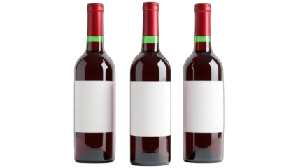 Three Red wine bottle with blank label on white background.