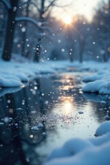 Snowflakes gently fall onto a frozen pond on a calm winter's evening,, frosty atmosphere