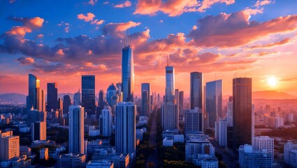 Fototapeta premium Exploring bitcoin trends against a city skyline at sunset