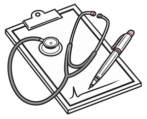A stethoscope placed on a medical clipboard with a pen, isolated on white background.
