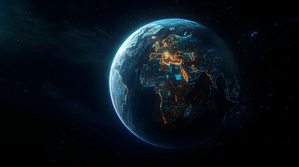 Fototapeta premium Digital Earth Illuminated In Space Depicting Global Technology And Network Connections