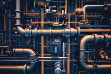 Intricate Network of Industrial Pipes and Conduits in Dark Background