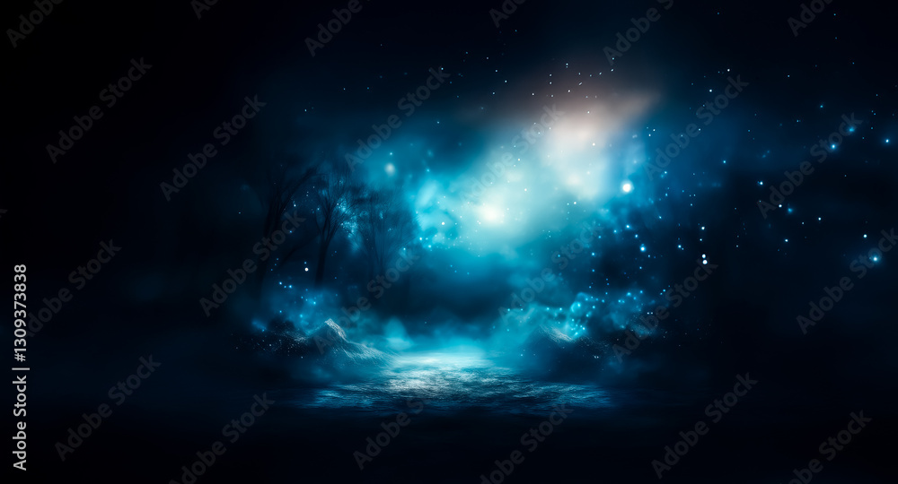 Aufkleber Abstract background with a dramatic blue light emanating through dark, smoky clouds, creating an ethereal and mysterious atmosphere.