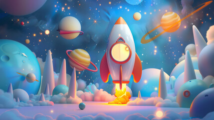 A vibrant, child-friendly space landscape in an inflated-style cartoon aesthetic. The rocket has a playful design. Floating asteroids and cosmic clouds enhance the whimsical, toy-like atmosphere. 
