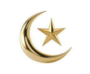 3d glossy golden crescent moon with star PNG transparent cutout Islamic eid ramadan