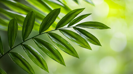 Detailed Close Up Of Green Palm Leaf With Water Droplets Against Blurred Green Background