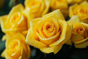A bouquet of yellow roses with water droplets