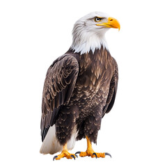 Obraz premium A bald eagle with white head and tail feathers, dark brown body feathers, and distinctive yellow beak stands facing to the right against a white background.