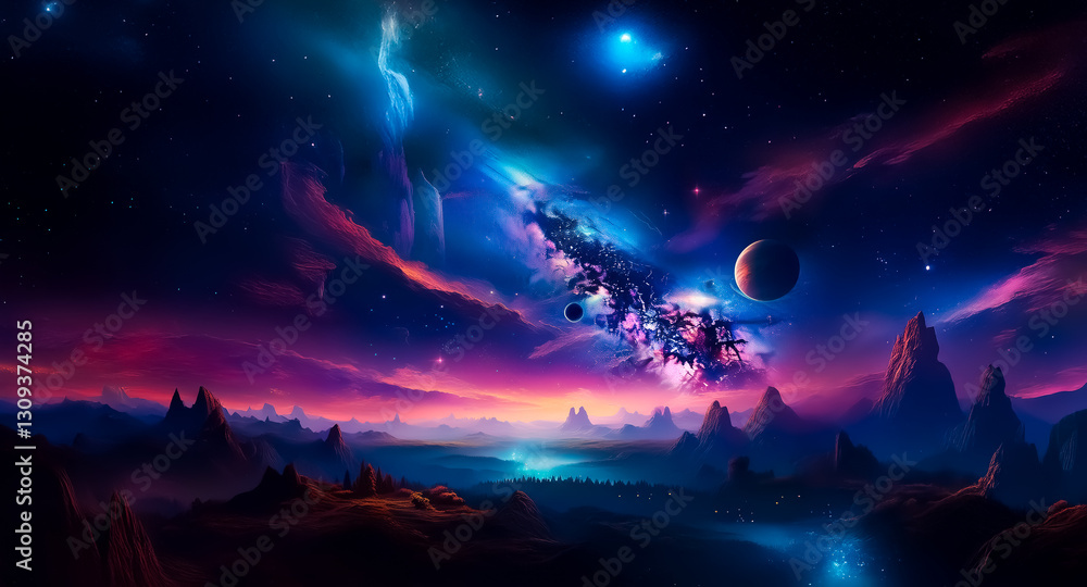 Poster vibrant abstract background of a cosmic landscape with a nebula and planet in a colorful scene. dram
