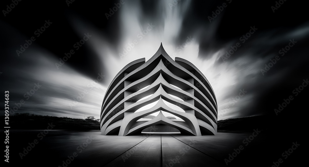 Poster monochromatic image of a structured form stands out against an abstract background with blurred ligh