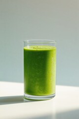 Fresh green smoothie served in a clear glass on a bright surface with natural light casting shadows