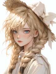 Fototapeta premium Anime Girl with Straw Hat and Bow