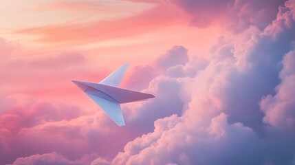 Fototapeta premium Paper Airplane Soaring Through Pink Sunset Clouds