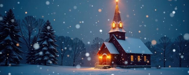 Fototapeta premium Snowflakes gently fall around a serene church steeple illuminated by soft golden lights,, illumination