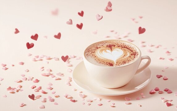 Of a Cup of steaming cappuccino with heart-shaped foam art, surrounded by tiny floating hearts on a pastel cream background