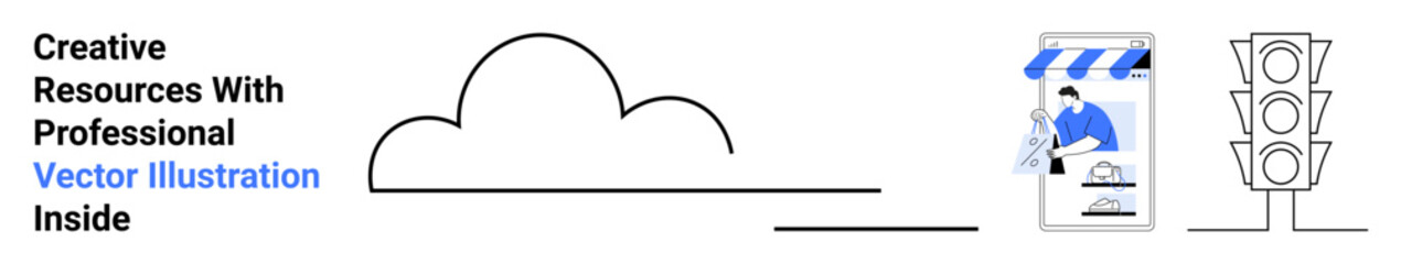Cloud outline, stoplight, and man browsing storefront under striped awning. Ideal for retail, environment, urban planning, business, creativity, marketing or flat landing page banner