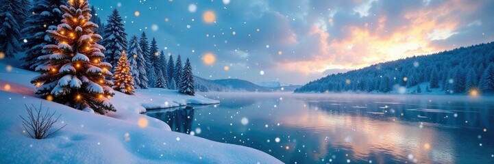 Fototapeta premium Snowflakes falling on a frozen lake with Christmas trees,, festive colors