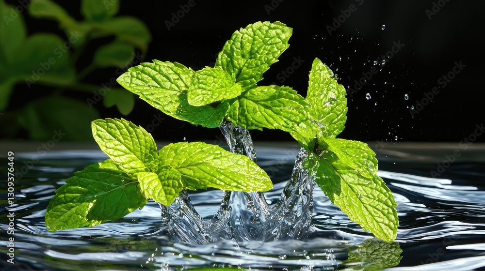 Poster mint leaves diving into fresh water, creating a dynamic, refreshing splash.