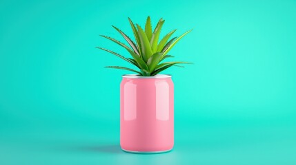 Pink can with a small plant on top against a teal background.