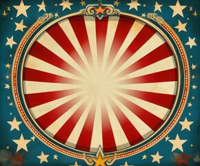 vintage circus or theater background with illuminated round frame, retro marquee lights, and sunburst rays, vector illustration for advertising, poster, or event banner with copy space