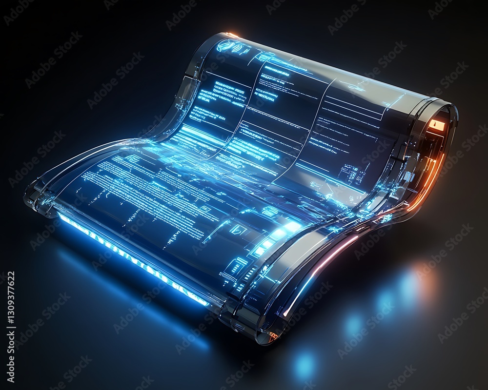 Poster futuristic flexible digital display showcasing projected data and technology