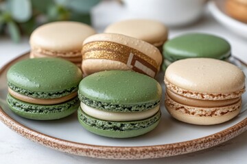 Fototapeta premium Colorful macarons assortment on a plate: a sweet delight with green cream and gold accents Elegant and tasty treats perfect for any occasion