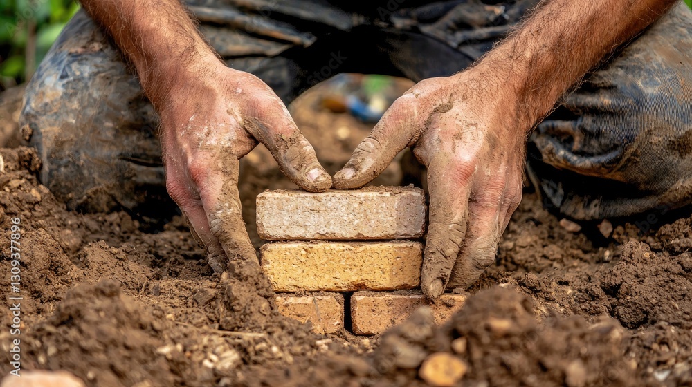 Poster professional builders hands ensuring even spacing while constructing a strong brick foundation.