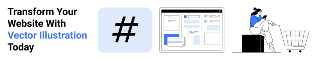 Fototapeta premium Typography with metadata tag icon, website layout with tools, and a woman leaning on a shopping cart. Ideal for digital marketing, UIUX design, online shopping, branding, website development, social