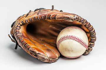 Vintage baseball glove and ball on a neutral backdrop
