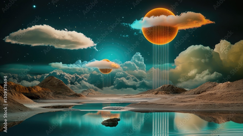 Poster sci-fi inspired digital scene with floating elements representing data archives and cloud storage.