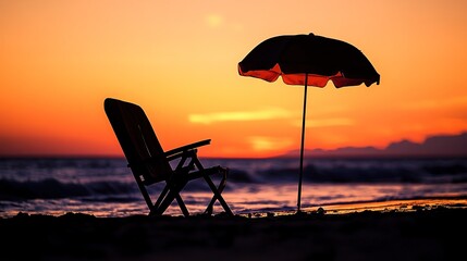 Beach Chair And Umbrella Sunset Silhouette