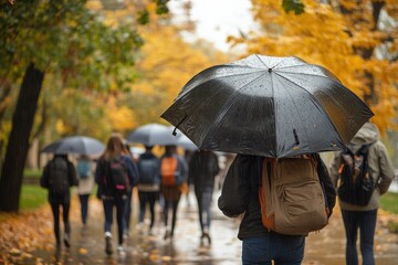 A group of students sharing a large umbrella as they walk home on a rainy afternoon