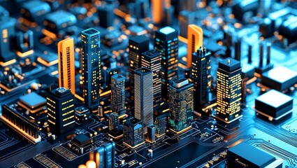 Futuristic cityscape merging technology and architecture