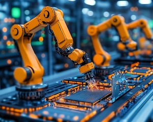 Robotic arms assembling circuit board.