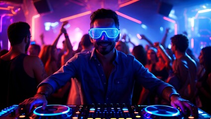Obraz premium Futuristic dj thrills crowd with led glasses and mask